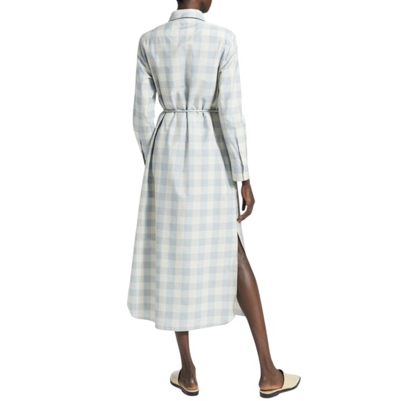 Theory Women’s Size S P Blue White Fuji Check Belted Midi Slit Side Shirtdress - Picture 3 of 15